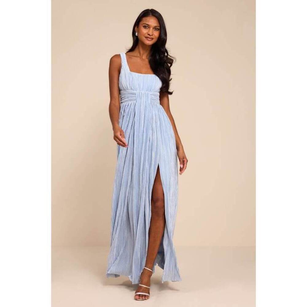 Lulus Ameena Light Blue Plisse Square Neck Sash Maxi Dress - Size M